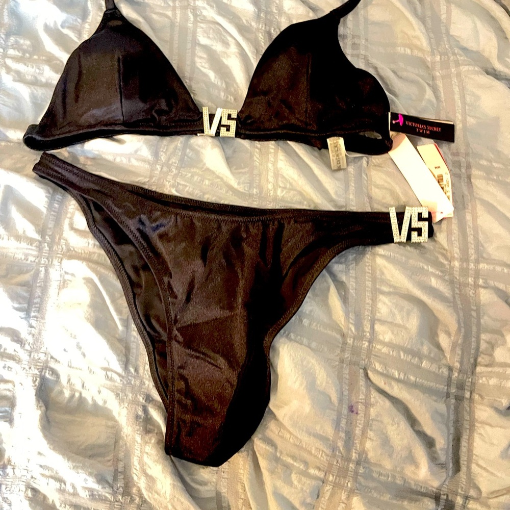 NWT Victoria’s Secret Black Bikini with VS rhinestone letters